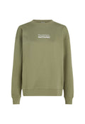 Olivegrüner Pullover aus weichem Stoff mit Rundhalsausschnitt, gerippten Bündchen und einem weißen Drucklogo, das "The Future Surf Society" zeigt.