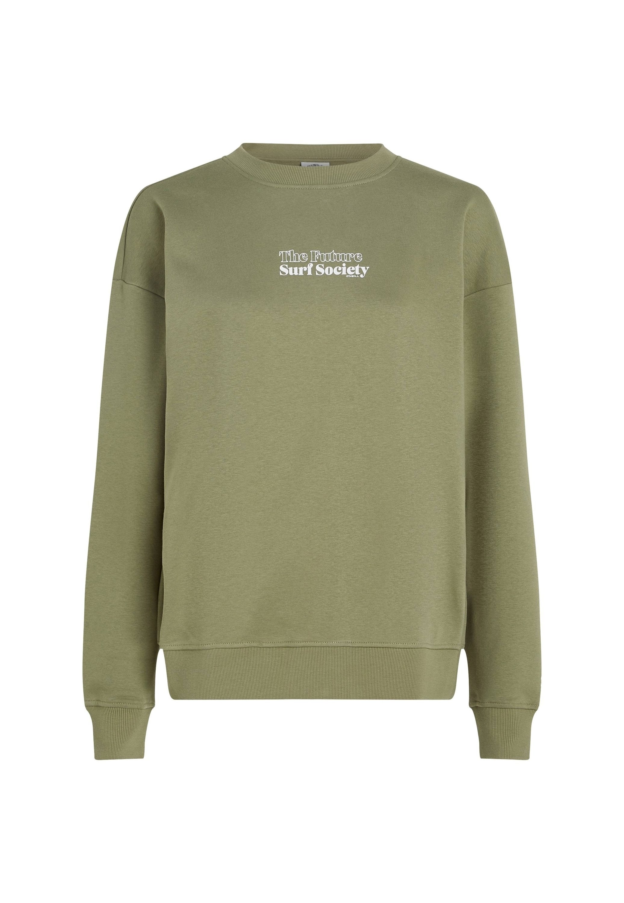 Olivegrüner Pullover aus weichem Stoff mit Rundhalsausschnitt, gerippten Bündchen und einem weißen Drucklogo, das "The Future Surf Society" zeigt.