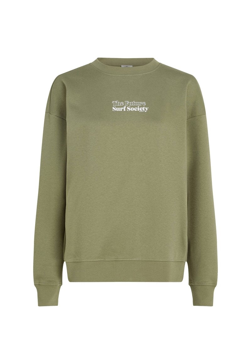 Olivegrüner Pullover aus weichem Stoff mit Rundhalsausschnitt, gerippten Bündchen und einem weißen Drucklogo, das "The Future Surf Society" zeigt.