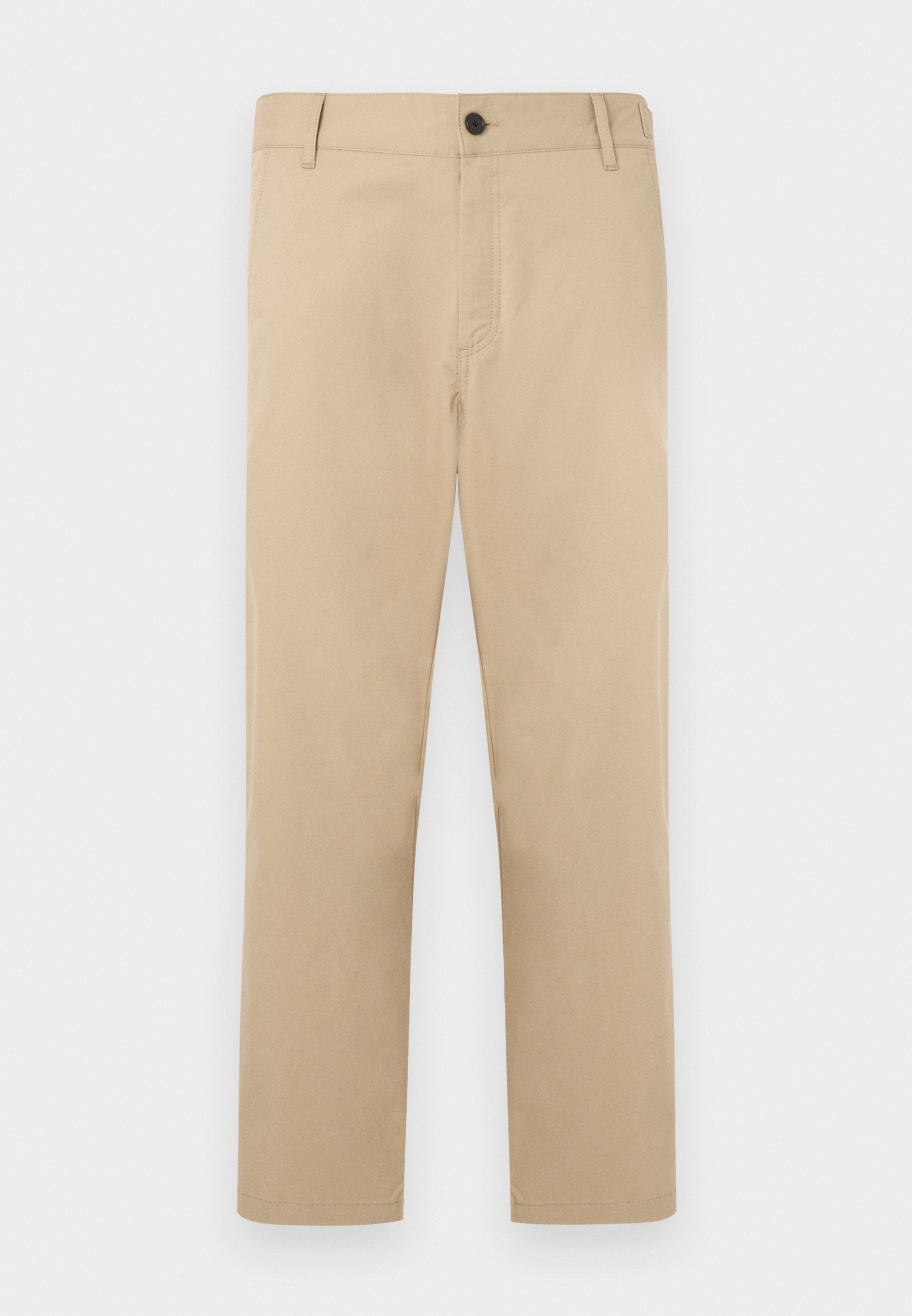 Beige Baumwollhose mit geradem Bein, ausgestattet mit einem vorderen Knopfverschluss und Seitentaschen. Glatte Textur, minimale Nahtdetails.