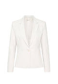Weißer Blazer mit strukturiertem Schnitt, taillierten Revers, Ein-Knopf-Verschluss und langen Ärmeln; glatte Textur und klare Linien.