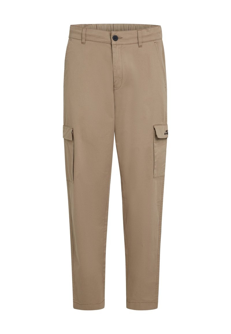 Beige Cargo-Hosen aus leichtem Material, mit zwei Seitentaschen und einer Knopfverschlüsse an der Taille, gerade Beinform.