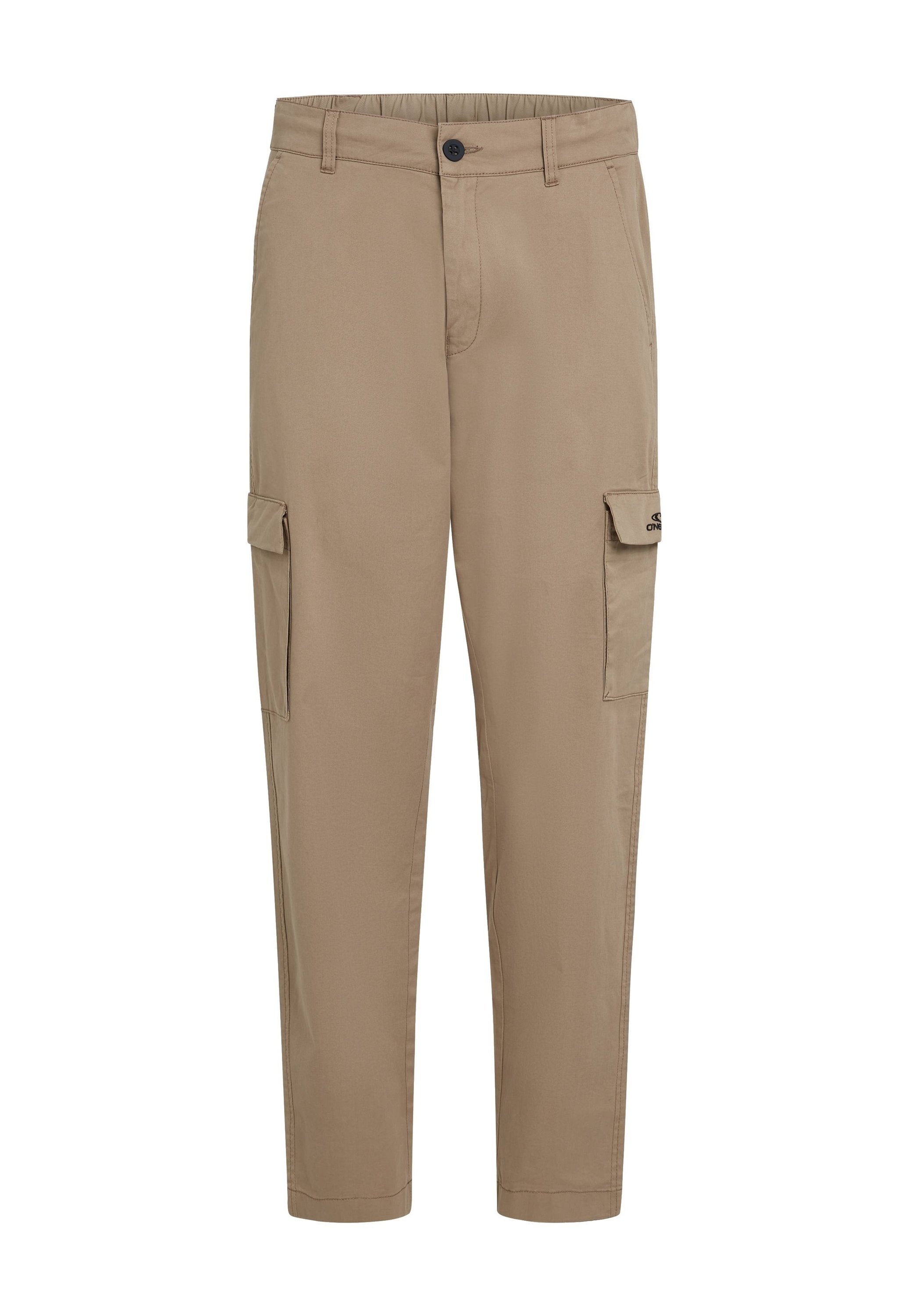 Beige Cargo-Hosen aus leichtem Material, mit zwei Seitentaschen und einer Knopfverschlüsse an der Taille, gerade Beinform.