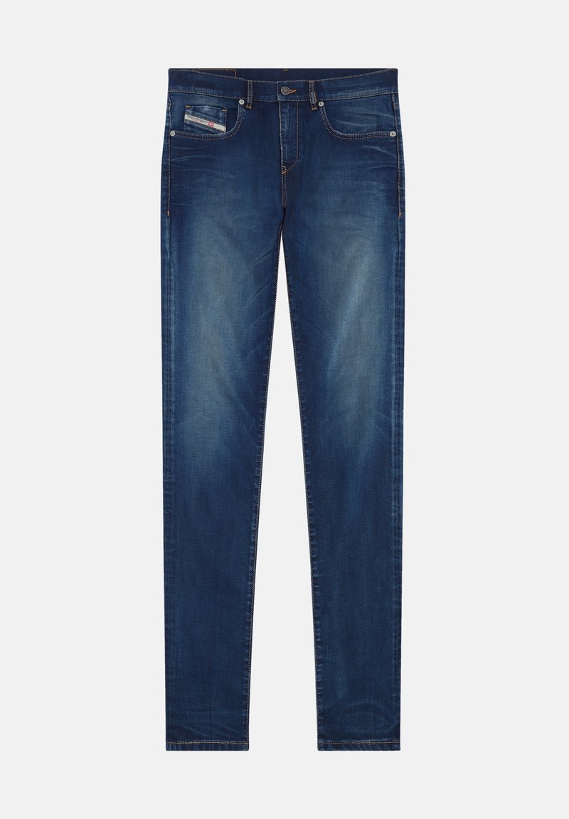 Dunkelblaue Jeans aus Denim mit enger Passform, ausgestattet mit Fronttaschen, einer Kleingeldtasche und Kontrastnähten. Standardbund mit Knopfverschluss.