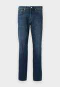 Dunkelblaue Denim-Jeans, mit geradem Bein, fünf Taschen, Knopfverschluss, mit subtilen Auswaschungen und Nähdetails. Glatte Textur.
