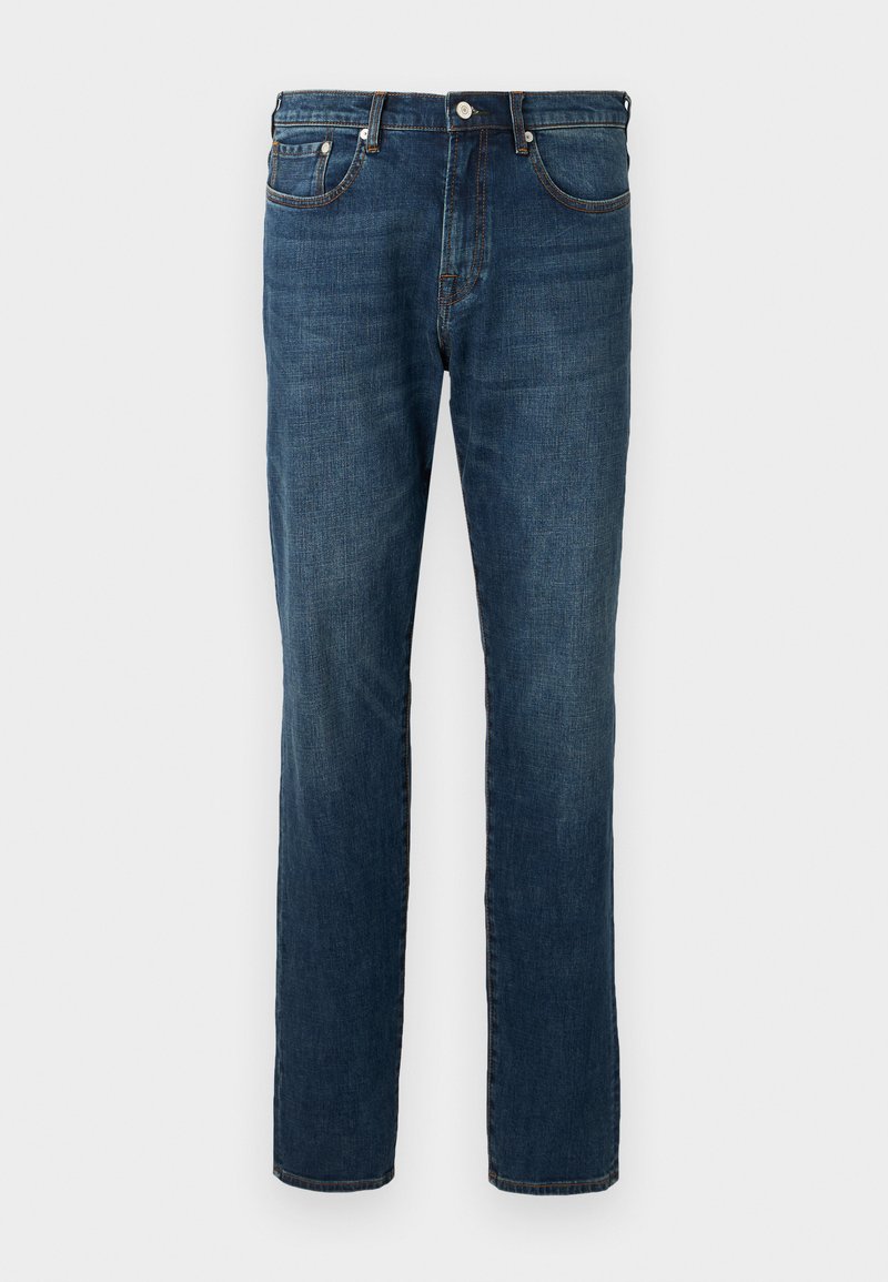 Dunkelblaue Denim-Jeans, mit geradem Bein, fünf Taschen, Knopfverschluss, mit subtilen Auswaschungen und Nähdetails. Glatte Textur.