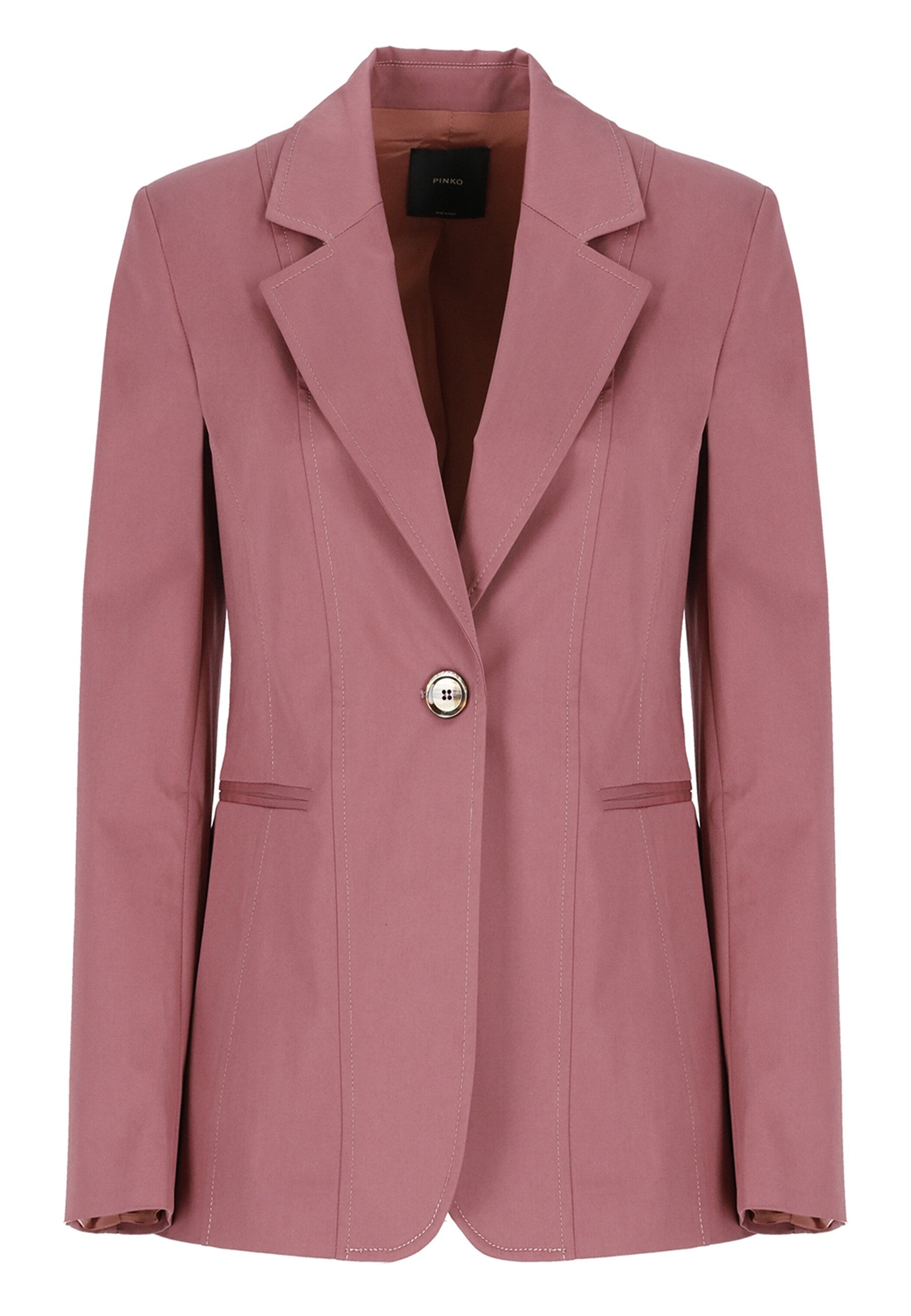 Rosa taillierter Blazer mit einem einzelnen silbernen Knopf, Reverskragen und zwei vorderen Taschen. Glattes Material mit kontrastierenden Nähdetails.