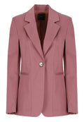 Rosa taillierter Blazer mit einem einzelnen silbernen Knopf, Reverskragen und zwei vorderen Taschen. Glattes Material mit kontrastierenden Nähdetails.