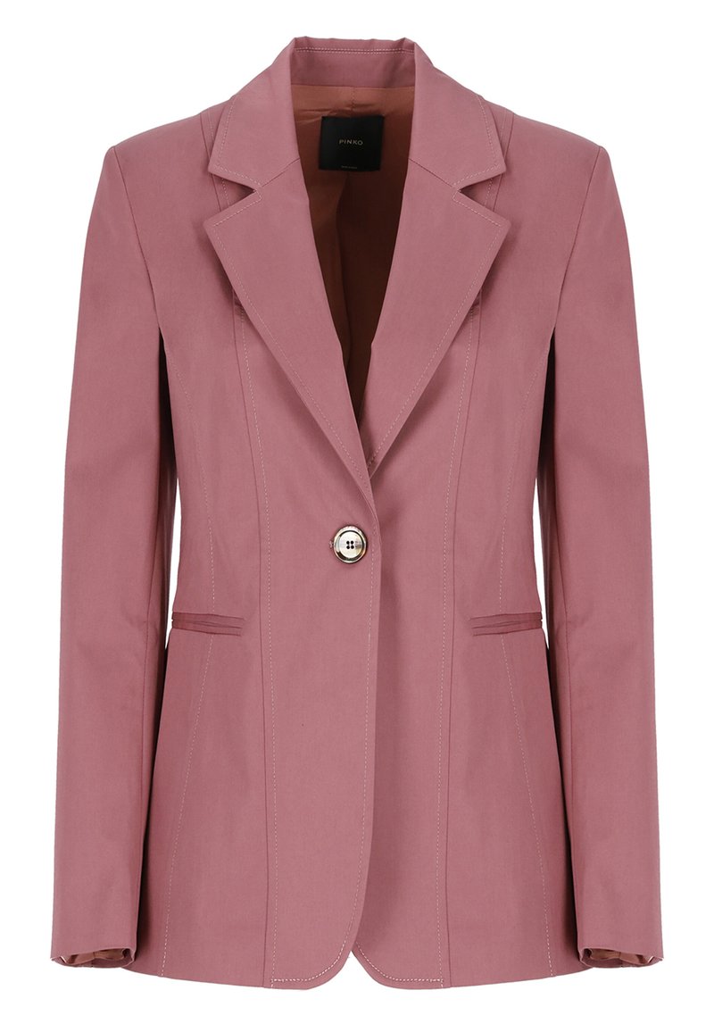 Rosa taillierter Blazer mit einem einzelnen silbernen Knopf, Reverskragen und zwei vorderen Taschen. Glattes Material mit kontrastierenden Nähdetails.