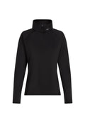 Schwarzer Pullover mit langen Ärmeln, hohem Kragen und Reißverschluss. Hergestellt aus glattem Material mit Raglanärmeln und dezenten Logodetails.