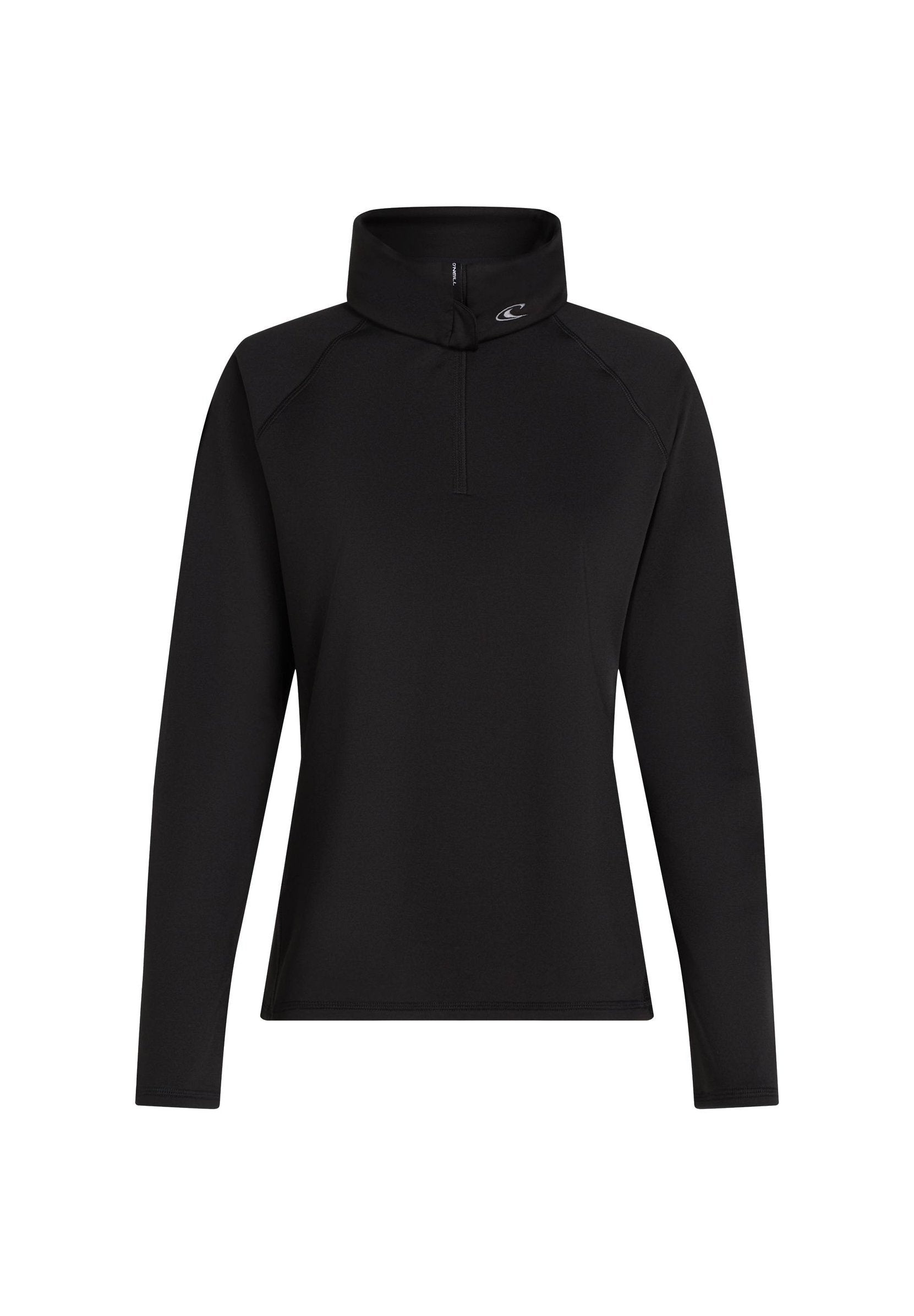 Schwarzer Pullover mit langen Ärmeln, hohem Kragen und Reißverschluss. Hergestellt aus glattem Material mit Raglanärmeln und dezenten Logodetails.