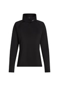 Schwarzer Pullover mit langen Ärmeln, hohem Kragen und Reißverschluss. Hergestellt aus glattem Material mit Raglanärmeln und dezenten Logodetails.