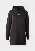 Schwarzes Hoodie-Kleid aus weichem Stoff, mit einer vorderen Kängurutasche, verstellbarem Kordelzug an der Kapuze und einem kleinen Logo auf der Brust.
