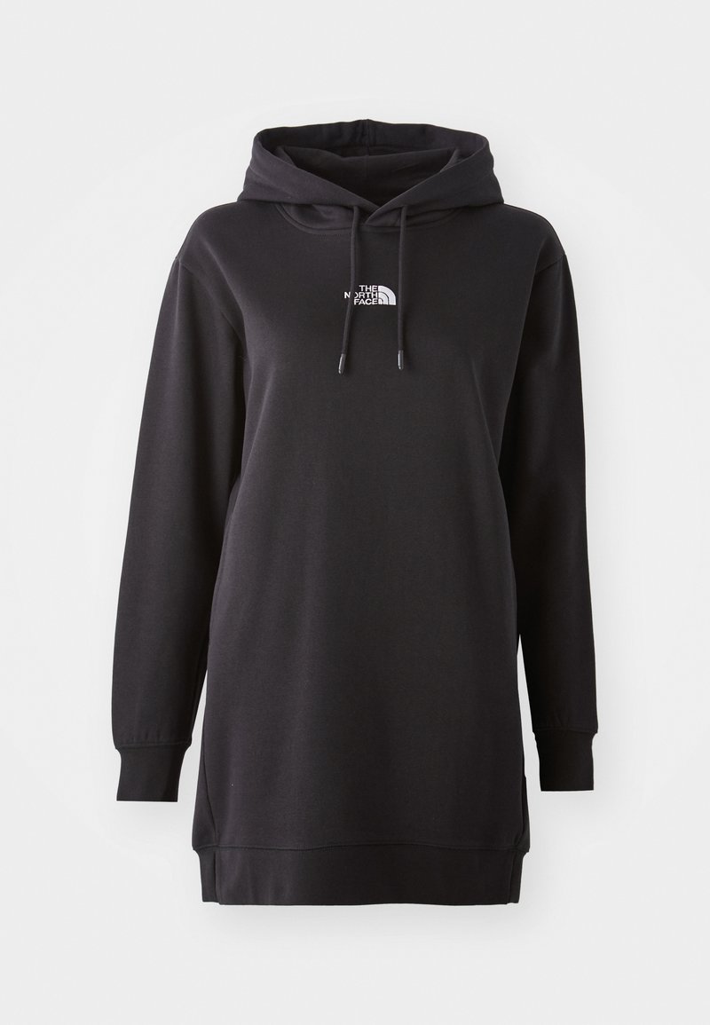 Schwarzes Hoodie-Kleid aus weichem Stoff, mit einer vorderen Kängurutasche, verstellbarem Kordelzug an der Kapuze und einem kleinen Logo auf der Brust.