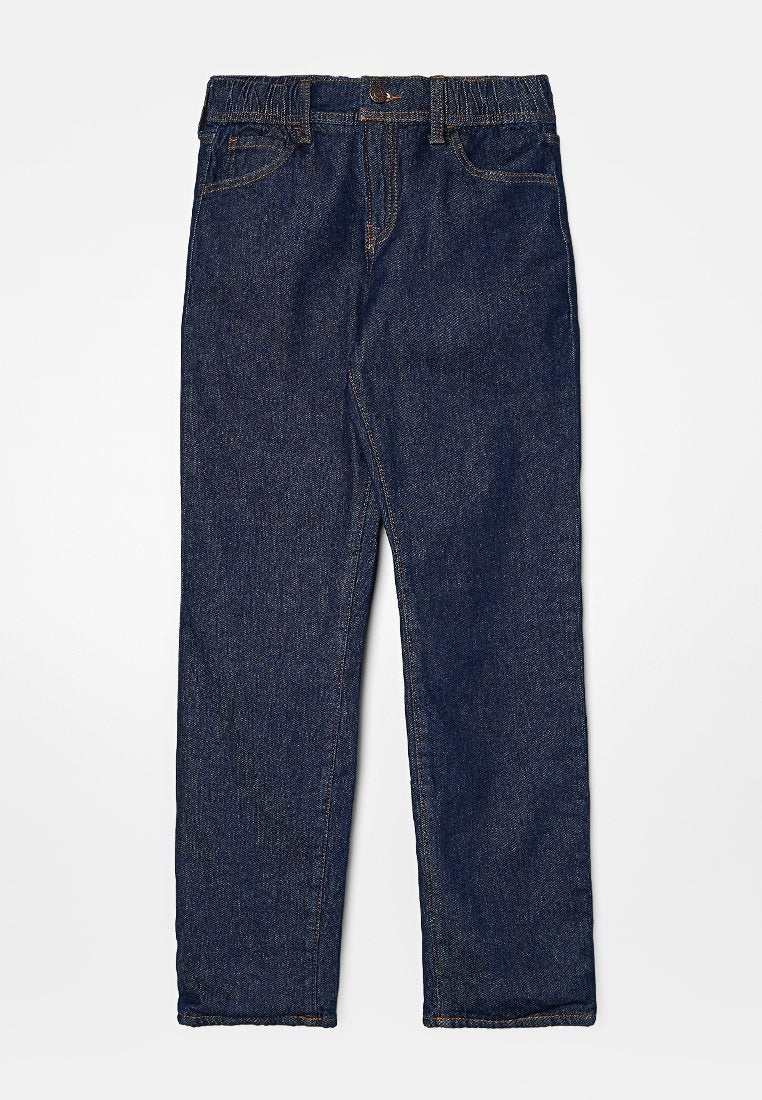 Dunkelblaue Jeans aus Denim mit geradem Bein, ausgestattet mit einem Knopfverschluss, Gürtelschlaufen, vorderen Taschen und dezentem Verblassen des Stoffes.