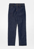 Dunkelblaue Jeans aus Denim mit geradem Bein, ausgestattet mit einem Knopfverschluss, Gürtelschlaufen, vorderen Taschen und dezentem Verblassen des Stoffes.