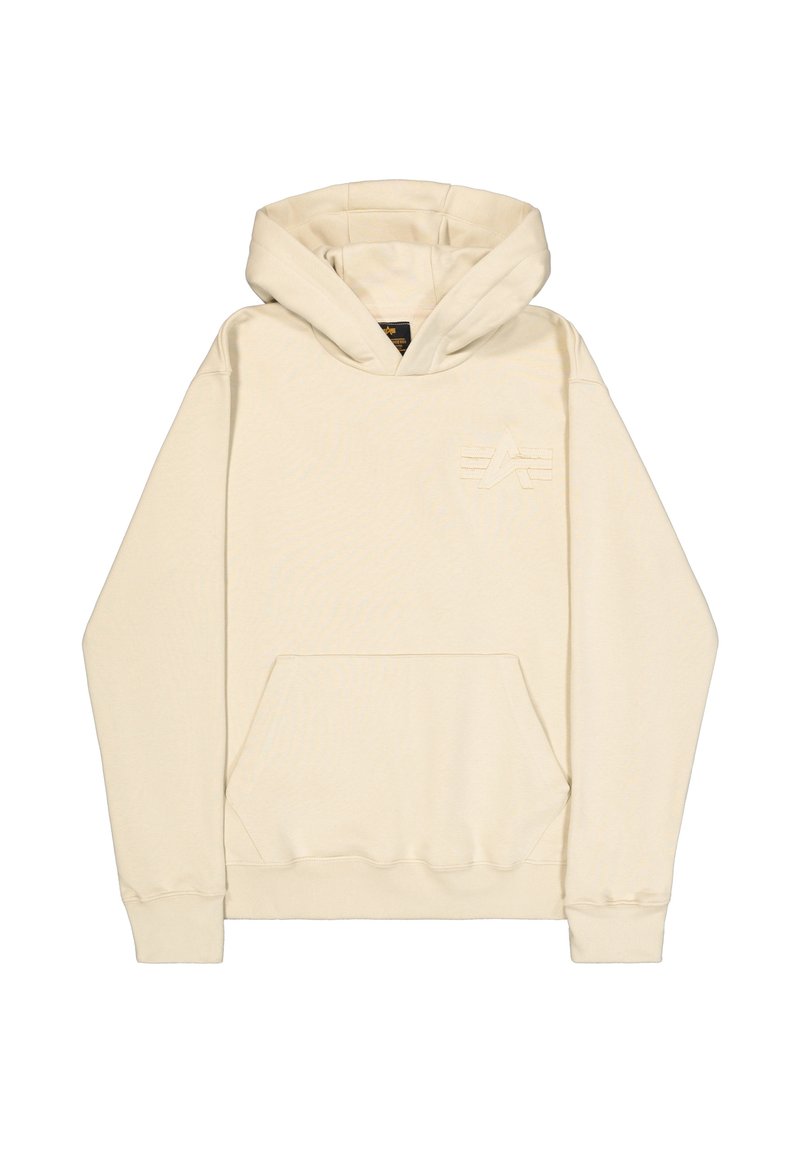 Beiger Kapuzenpullover aus weichem Material mit Kängurutasche, gerippten Bündchen und einem dezenten, geprägten Logo auf der Brust.