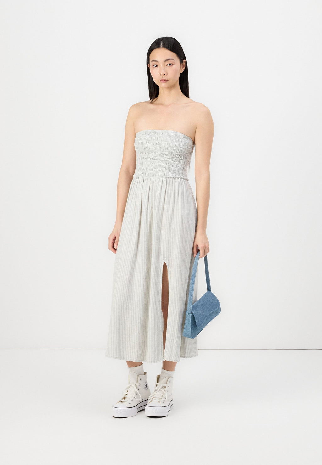 Hollister Co. STRAPLESS LINEN DROP WAIST CHANNELED MIDI DRESS