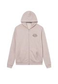 Hellbeige Zip-Hoodie mit Kordelzugkapuze, zwei vorderen Taschen und einem runden Logo auf der linken Brustseite. Material aus Baumwollmischung.