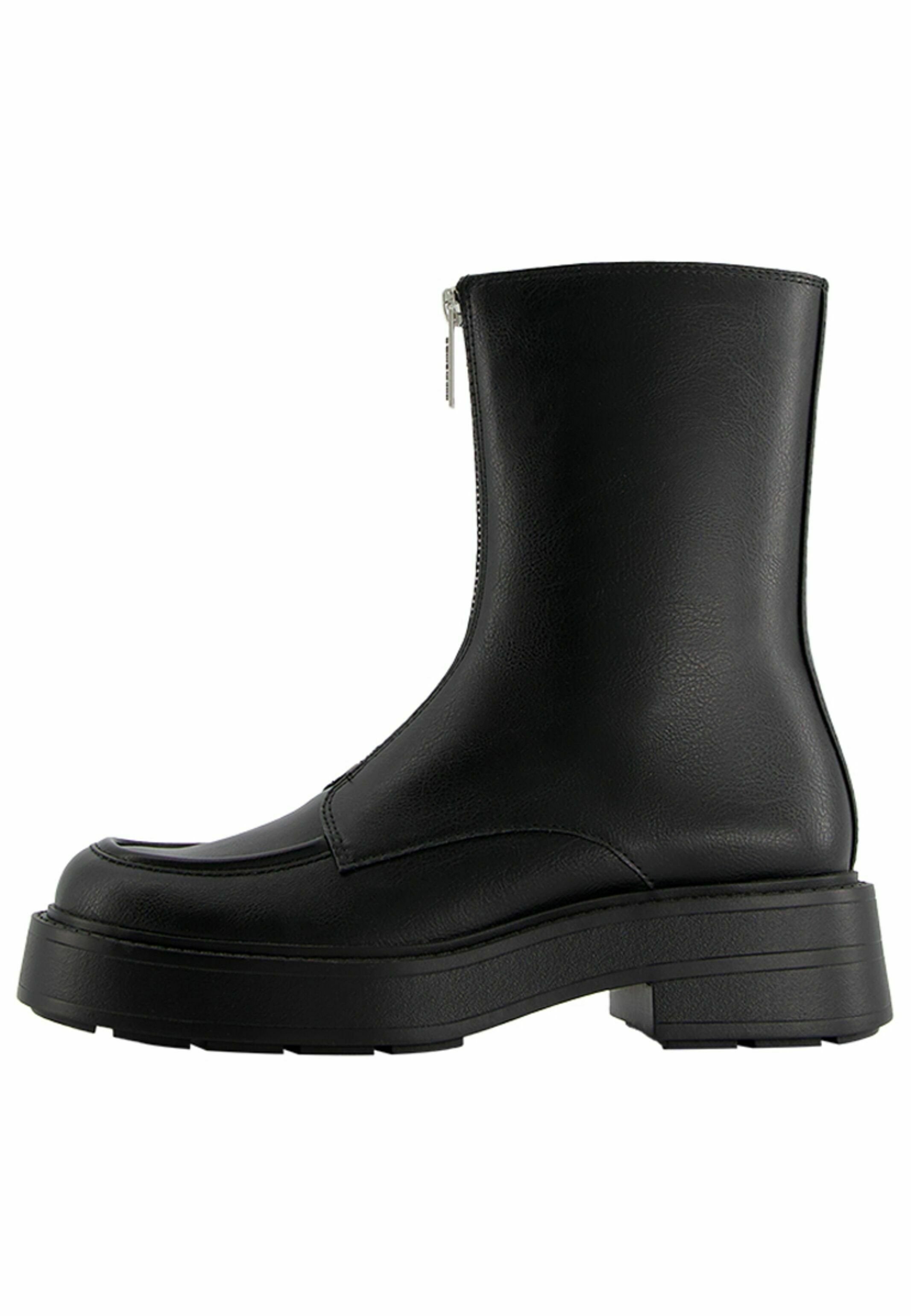 Schwarze Knöchelstiefel aus glattem synthetischem Leder mit runder Zehenform, robuster Plattformsohle, seitlichem Reißverschluss und gestickten Details.