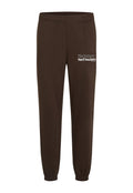 Dunkelbraune Jogginghosen mit elastischem Bund und Bündchen, mit weißem Text "The Future Surf Society" auf dem linken Oberschenkel.