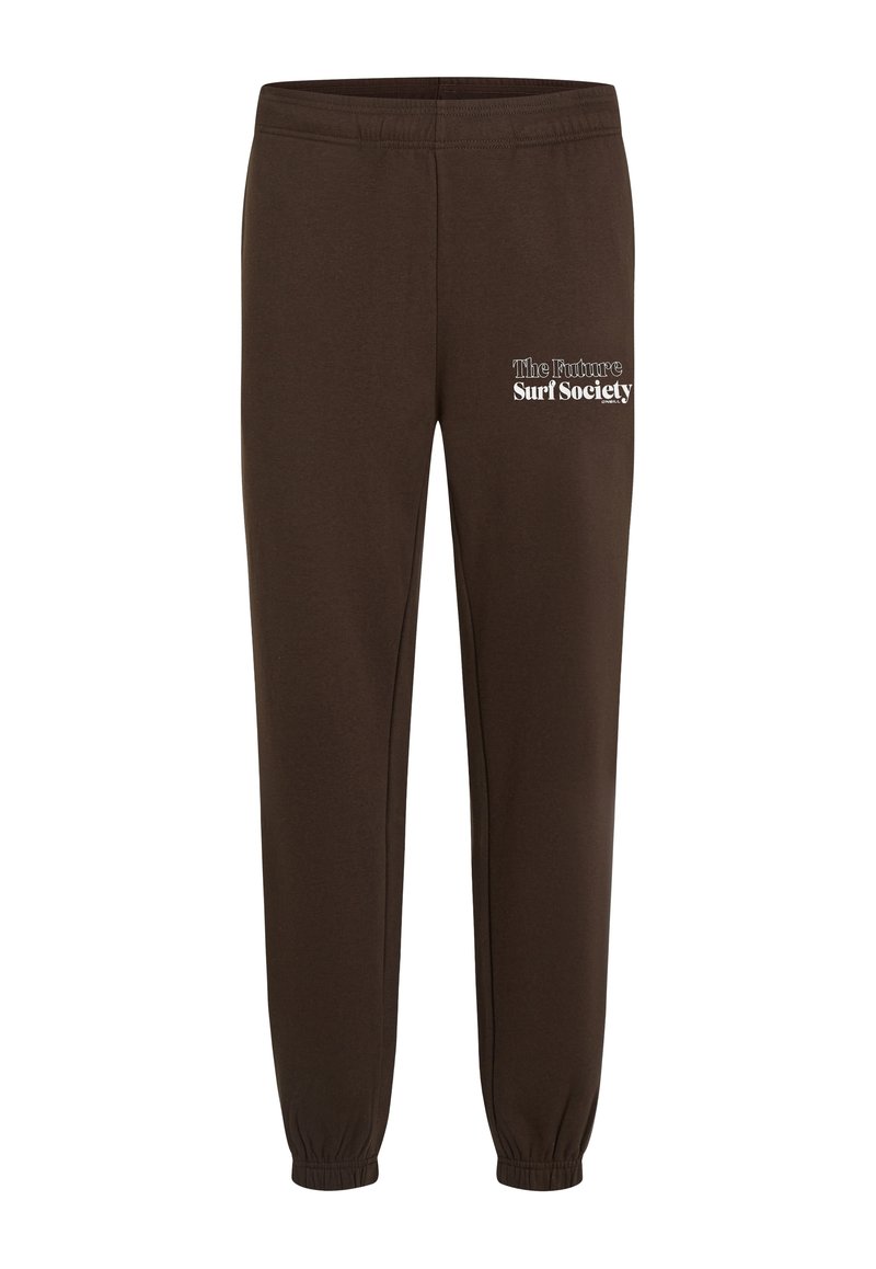 Dunkelbraune Jogginghosen mit elastischem Bund und Bündchen, mit weißem Text "The Future Surf Society" auf dem linken Oberschenkel.