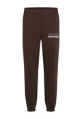 Dunkelbraune Jogginghosen mit elastischem Bund und Bündchen, mit weißem Text "The Future Surf Society" auf dem linken Oberschenkel.