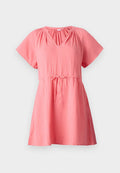 Rosa, kurzärmliges Kleid mit V-Ausschnitt, gerafften Details in der Schulterpartie, tailliert mit einem Kordelzug und einer lässigen Passform.