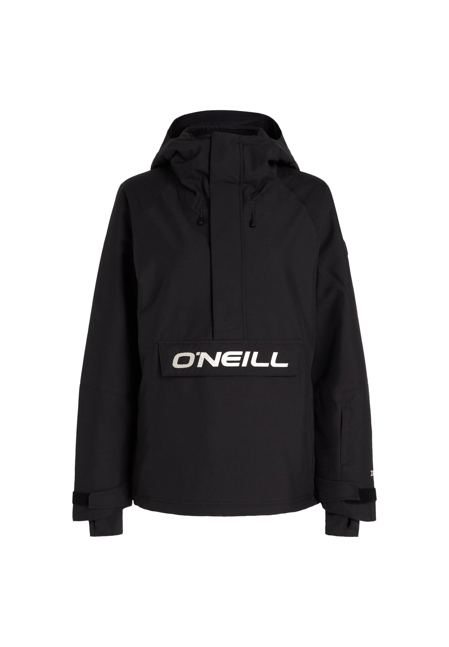 Schwarze Pulloverjacke mit Kapuze, ausgestattet mit einer Fronttasche und einem auffälligen weißen "O'NEILL"-Logo. Das Material wirkt glatt mit matter Oberfläche.