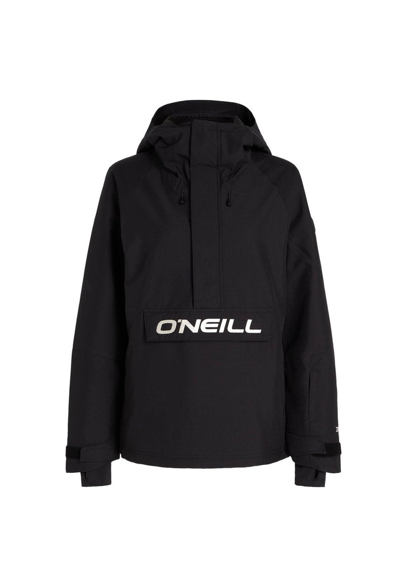 Schwarze Pulloverjacke mit Kapuze, ausgestattet mit einer Fronttasche und einem auffälligen weißen "O'NEILL"-Logo. Das Material wirkt glatt mit matter Oberfläche.