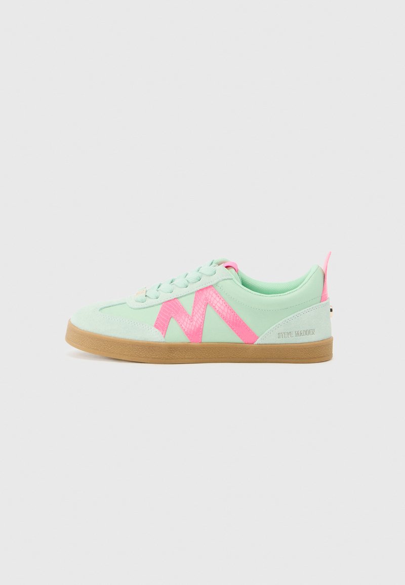 Minzgrüne Sneakers mit pinken Akzenten in einem Zickzackmuster, weiches Wildledermaterial, Gummisohle und ein markantes Branding-Detail an der Ferse.