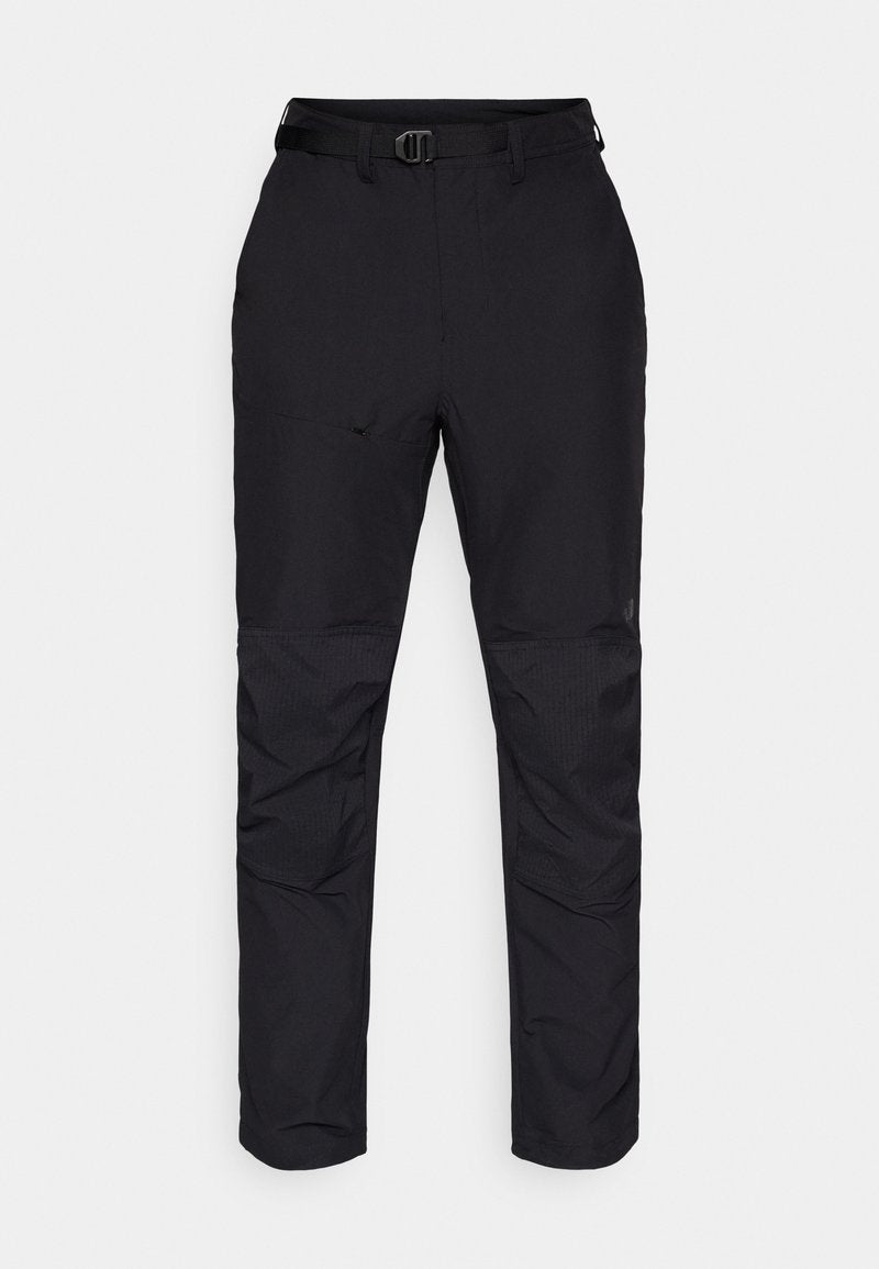 Schwarze Hosen aus strapazierfähigem Stoff mit geradem Schnitt. Zu den Merkmalen gehören ein Bund mit Gürtel und strukturierte Akzente an den Unterbeinen.