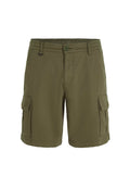 Olivgrüne Cargo-Shorts mit einem elastischen Bund, Knopfverschluss und mehreren Seitentaschen für Funktionalität. Strapazierfähiger Stoff.