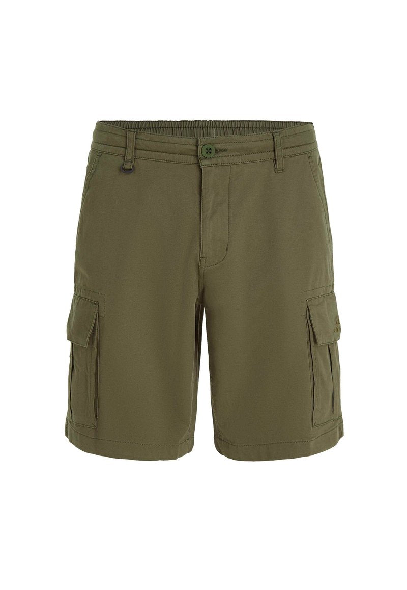 Olivgrüne Cargo-Shorts mit einem elastischen Bund, Knopfverschluss und mehreren Seitentaschen für Funktionalität. Strapazierfähiger Stoff.