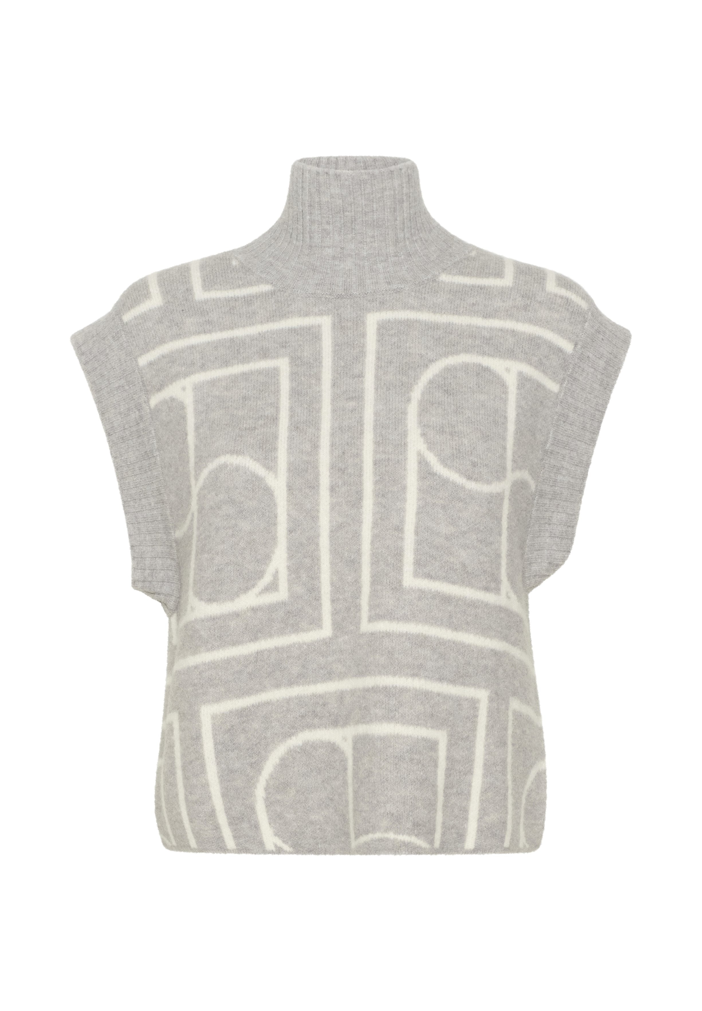 Hellgrauer Strickpullover mit hohem Kragen, kurzen Ärmeln und weißen geometrischen Mustern. Weicher Stoff, lockere Passform und ohne Verschlüsse.