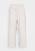 Beige Hosen mit weitem Bein und maßgeschneidertem Design, inklusive Kellerfalten, glatter Textur und Standardbund.