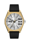 Sechseckige goldene Uhr mit silbernem Zifferblatt, schwarzem Lederarmband, fetten Zahlen 2-4 und der Marke Diesel, zeigt die Zeit 9:10:35.