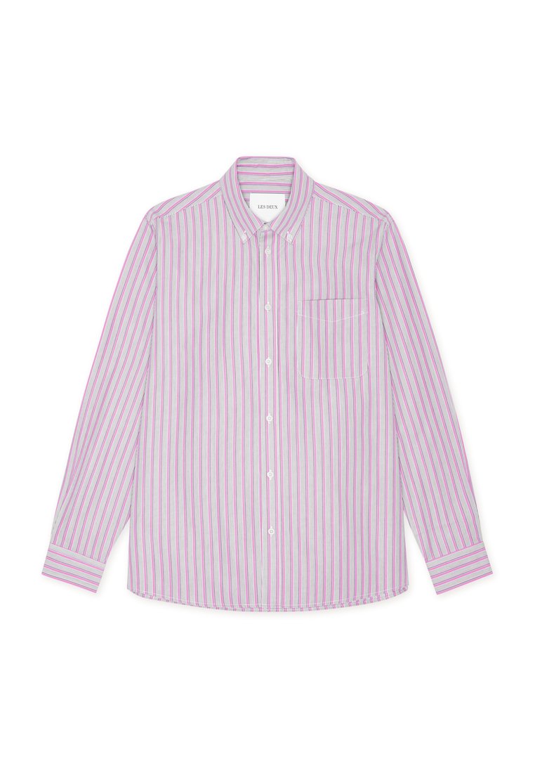 Hemd zum Knöpfen in hellen Pastellfarben mit vertikalen rosa und violetten Streifen. Es verfügt über einen klassischen Kragen, lange Ärmel und eine Brusttasche.