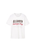 Weißes T-Shirt mit kurzen Ärmeln und übereinander liegendem Text „ALLSAINTS“ in Schwarz und Grau sowie „Analogue Days“ in roter Schreibschrift auf der Vorderseite.