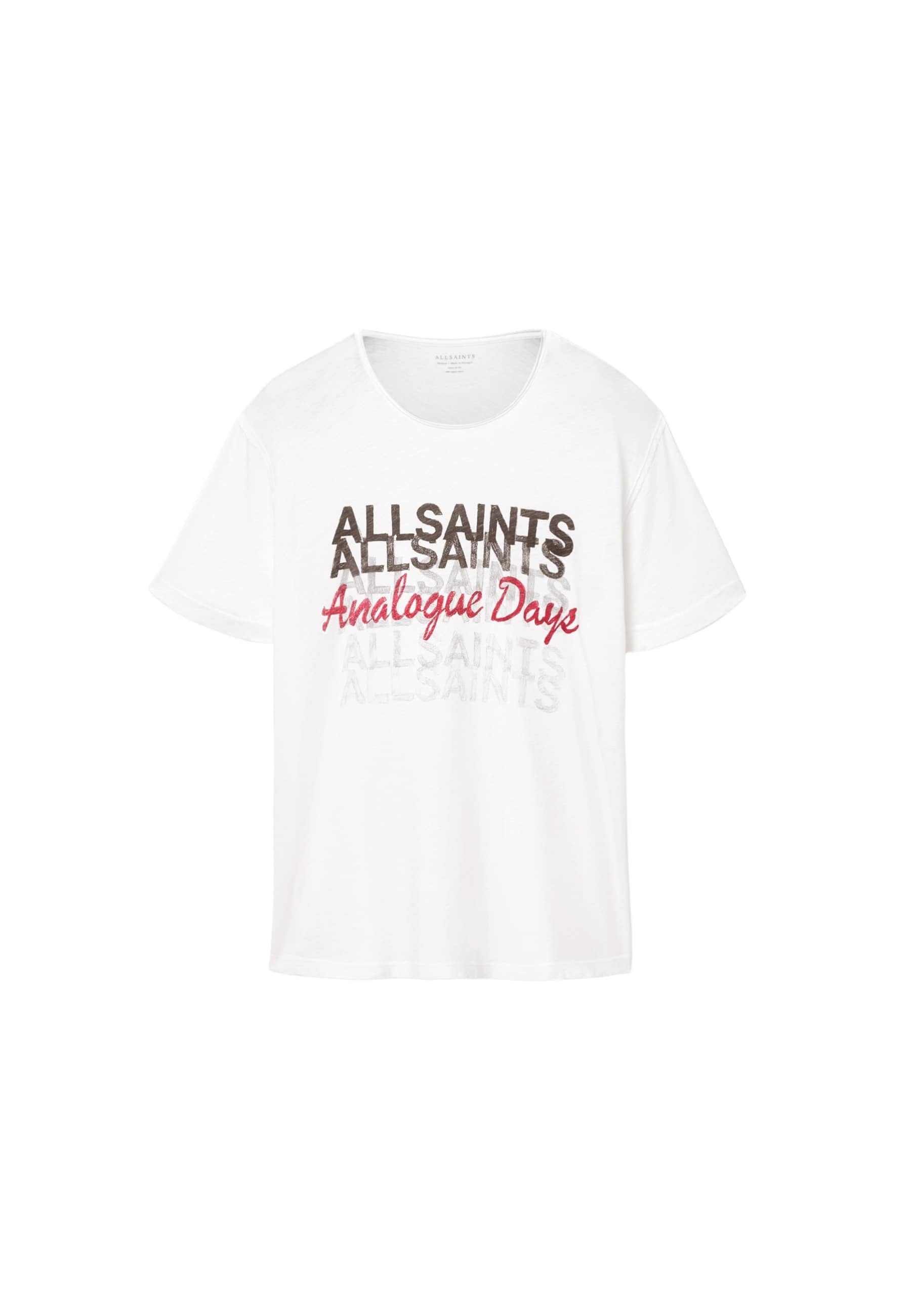 Weißes T-Shirt mit kurzen Ärmeln und übereinander liegendem Text „ALLSAINTS“ in Schwarz und Grau sowie „Analogue Days“ in roter Schreibschrift auf der Vorderseite.