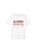 Weißes T-Shirt mit kurzen Ärmeln und übereinander liegendem Text „ALLSAINTS“ in Schwarz und Grau sowie „Analogue Days“ in roter Schreibschrift auf der Vorderseite.