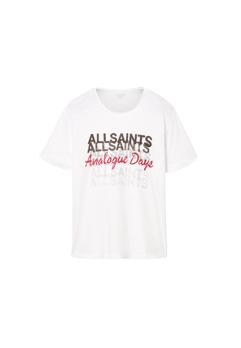 Weißes T-Shirt mit kurzen Ärmeln und übereinander liegendem Text „ALLSAINTS“ in Schwarz und Grau sowie „Analogue Days“ in roter Schreibschrift auf der Vorderseite.