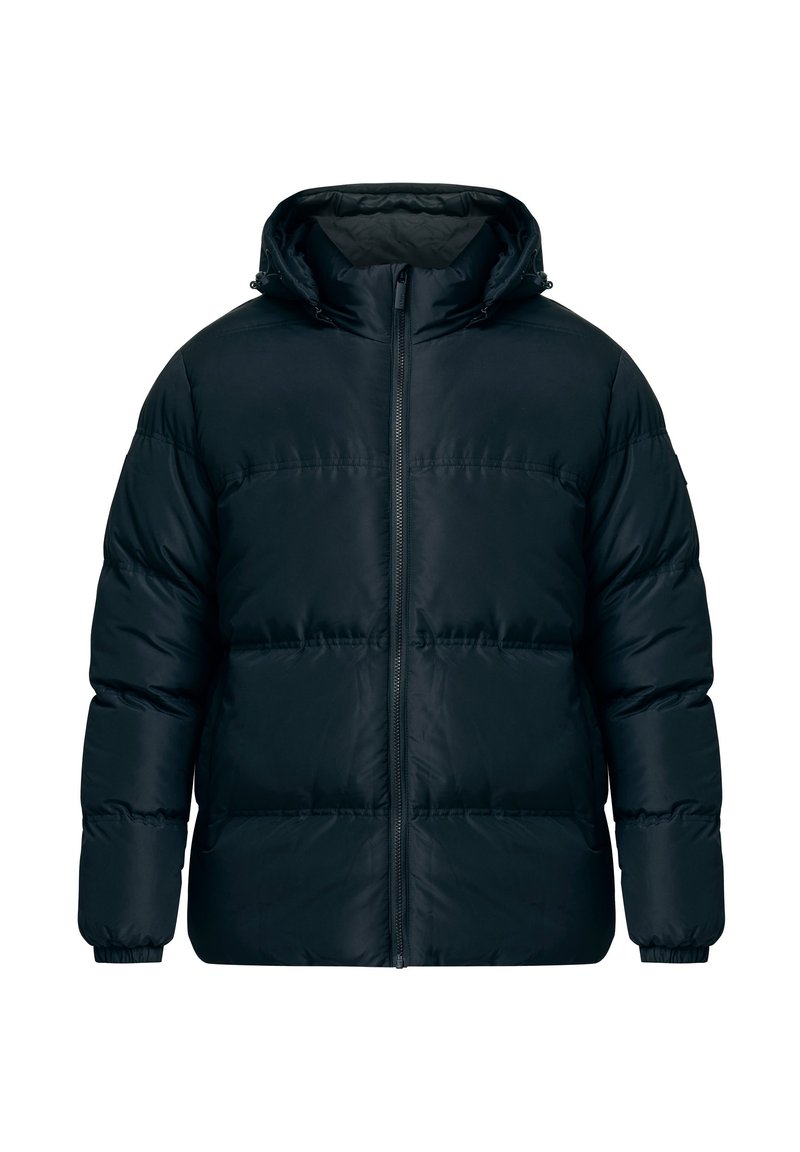 Schwarze gefütterte Jacke mit Reißverschluss, angenommener Kapuze und gesteppter Optik mit horizontalen Nähten für Isolierung.