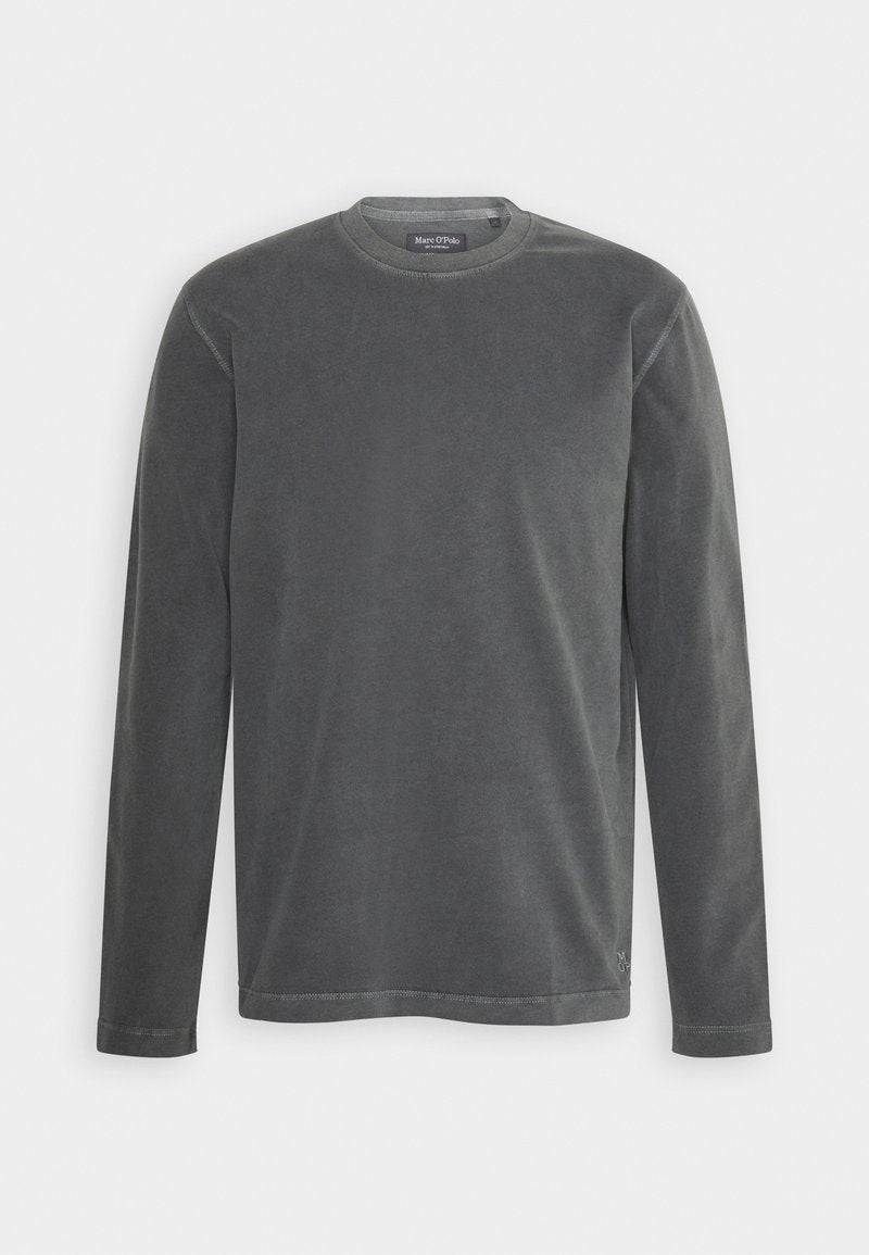 Langärmeliges graues Shirt aus weicher Stoff, mit Rundhalsausschnitt und dezenten Nähdetails. Keine Muster oder Grafiken vorhanden.