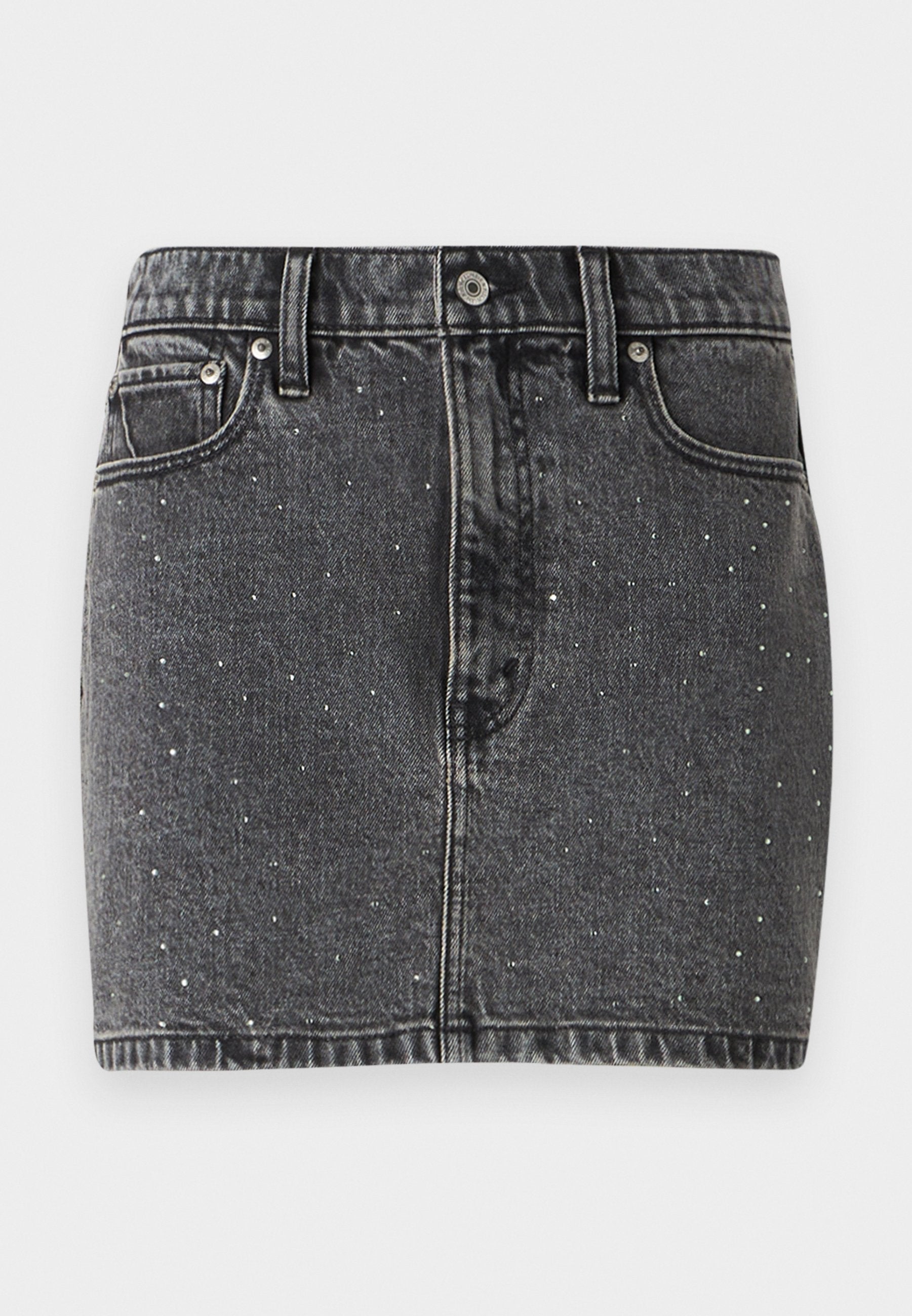 Dunkelgrau Rock aus Denim mit silbernen Nietenverzierungen. Hat eine taillierte Form, ein klassisches Fünf-Taschen-Design und Gürtelschlaufen.