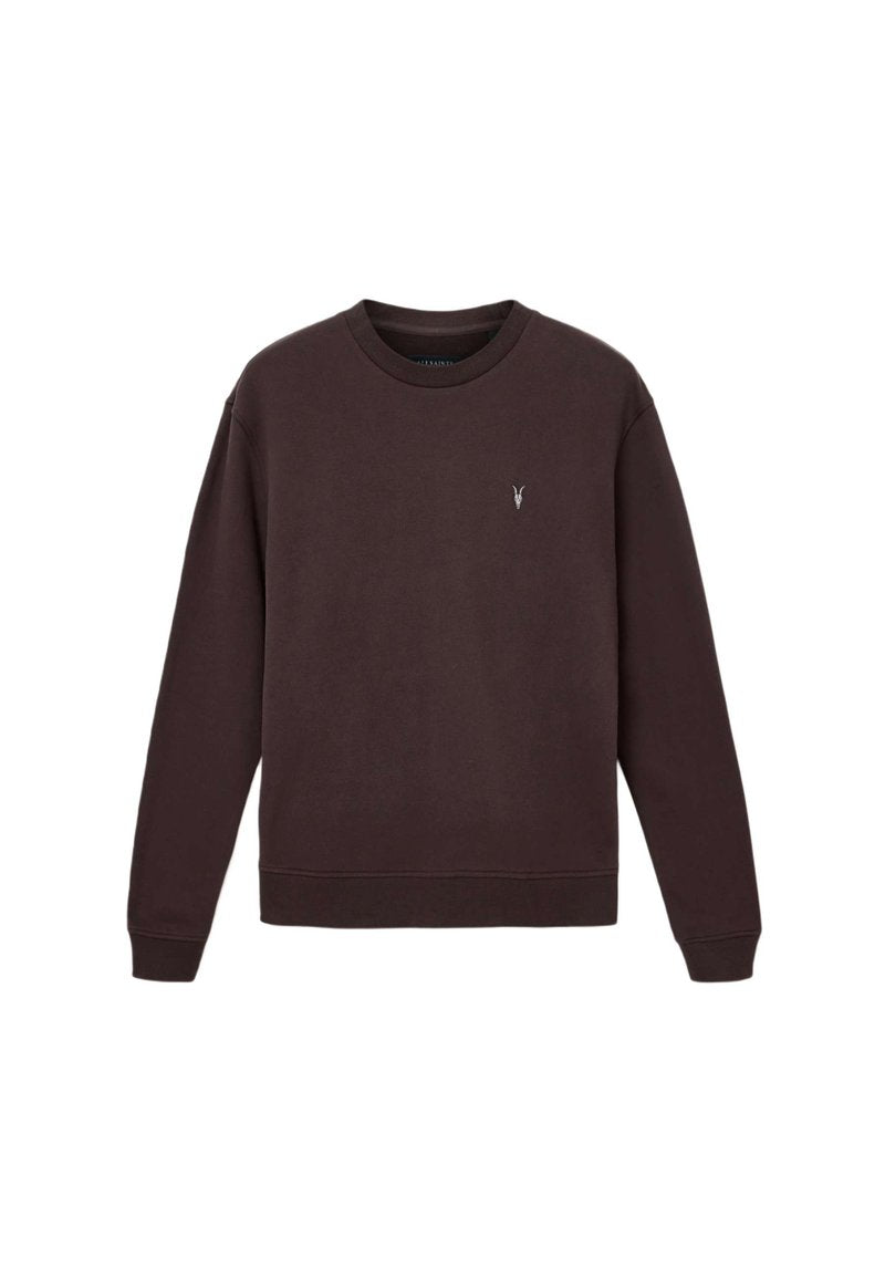 Dunkelbrauner Sweatshirt aus weichem Stoff, mit rundem Halsausschnitt, langen Ärmeln und einem kleinen gestickten Logo auf der Brust.
