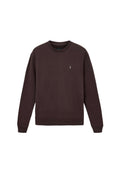 Dunkelbrauner Sweatshirt aus weichem Stoff, mit rundem Halsausschnitt, langen Ärmeln und einem kleinen gestickten Logo auf der Brust.
