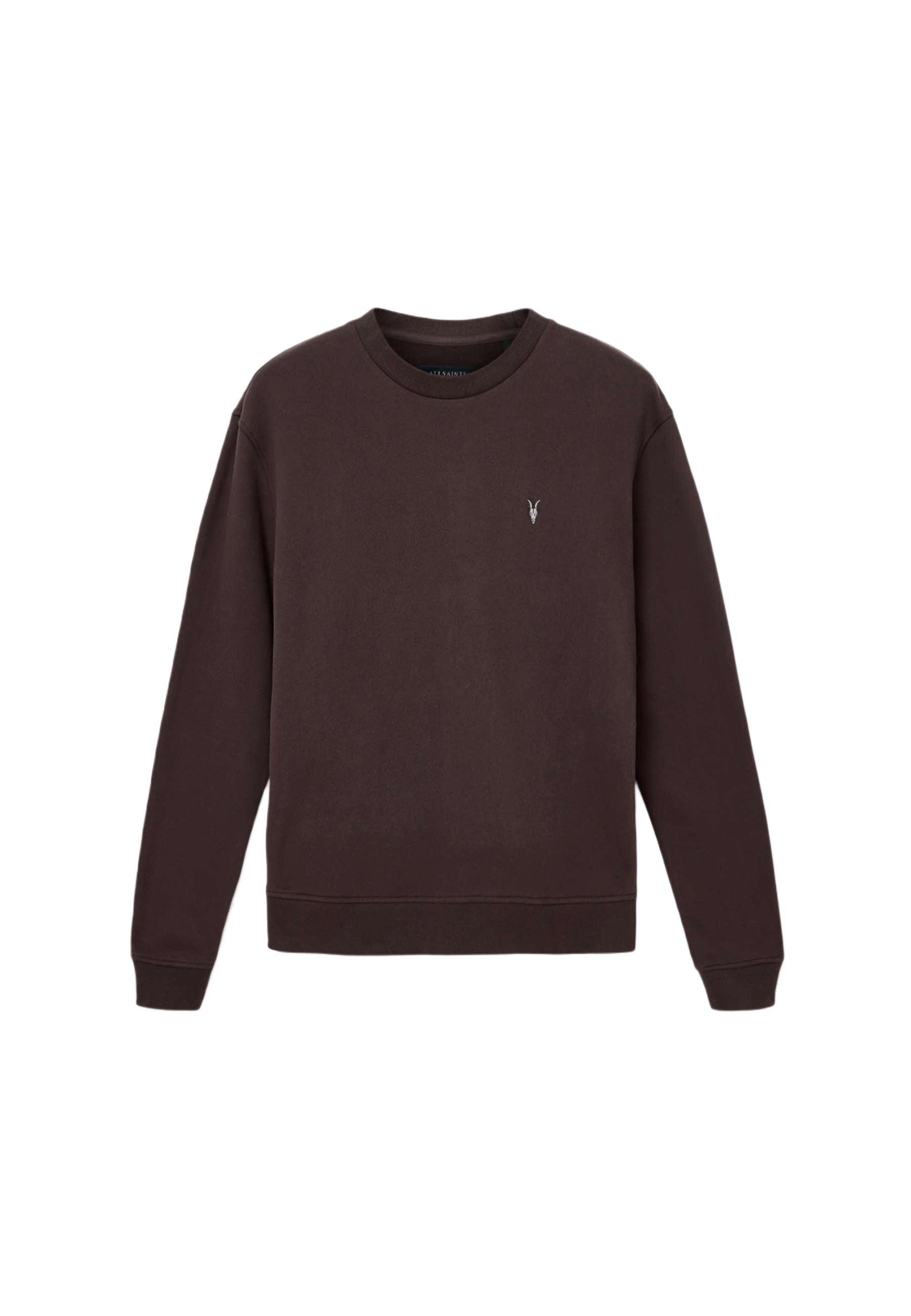 Dunkelbrauner Sweatshirt aus weichem Stoff, mit rundem Halsausschnitt, langen Ärmeln und einem kleinen gestickten Logo auf der Brust.