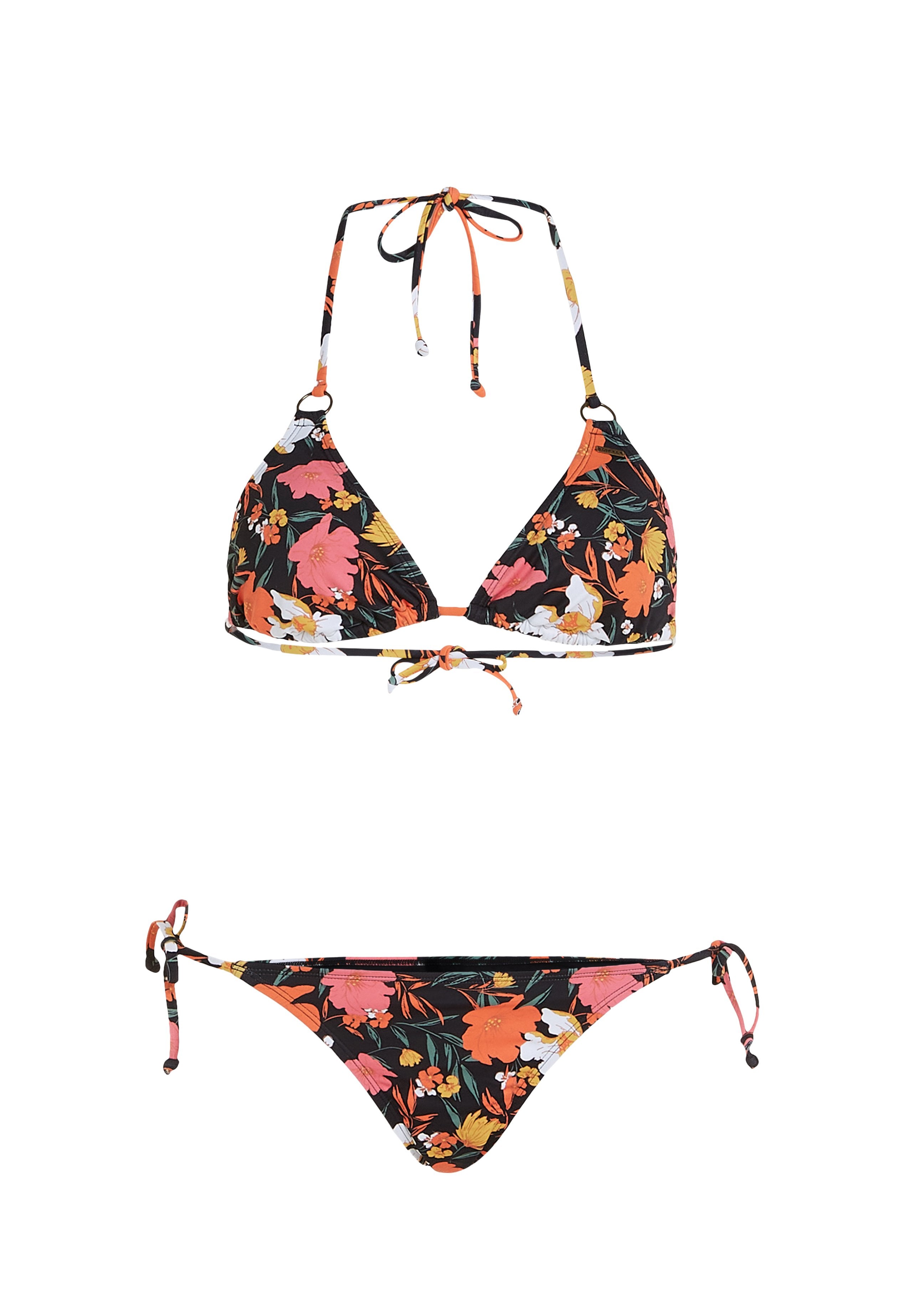 Floral-Bikini-Set mit schwarzem Hintergrund, orangefarbenen, rosa und weißen Blumen. Bindegurte am Hals und an den Seiten; aus glattem Stoff gefertigt.