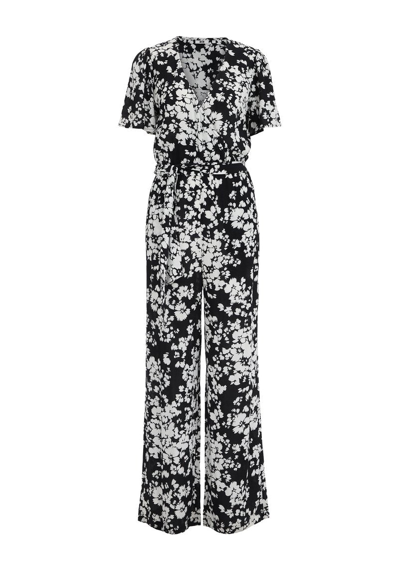 Schwarzer Jumpsuit mit einem weißen floralem Muster, kurzen Ärmeln, tiefem V-Ausschnitt und einem gebundenen Gürtel an der Taille. Weit geschnittenes Design mit glatter Textur.